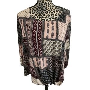 Dressbarn Blouse 2X Boho Lagenlook Block Floral Gathered Hem Keyhole Closure